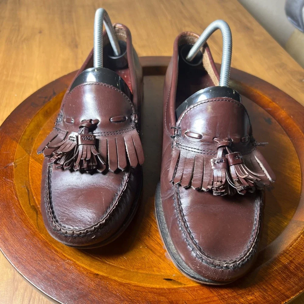 Vintage GH Bass Weejuns Tassel Loafers Handsewn USA Shoes Leather Burgundy 10